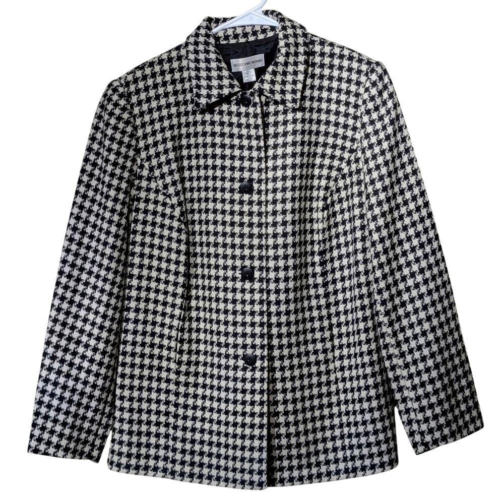 VTG August Max Woman Black/White Houndstooth Button Front Lined Jacket Sz 12W